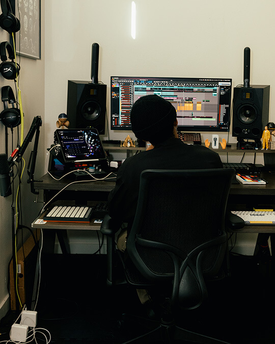 Chee using Bitwig Studio in his studio in Los Angeles