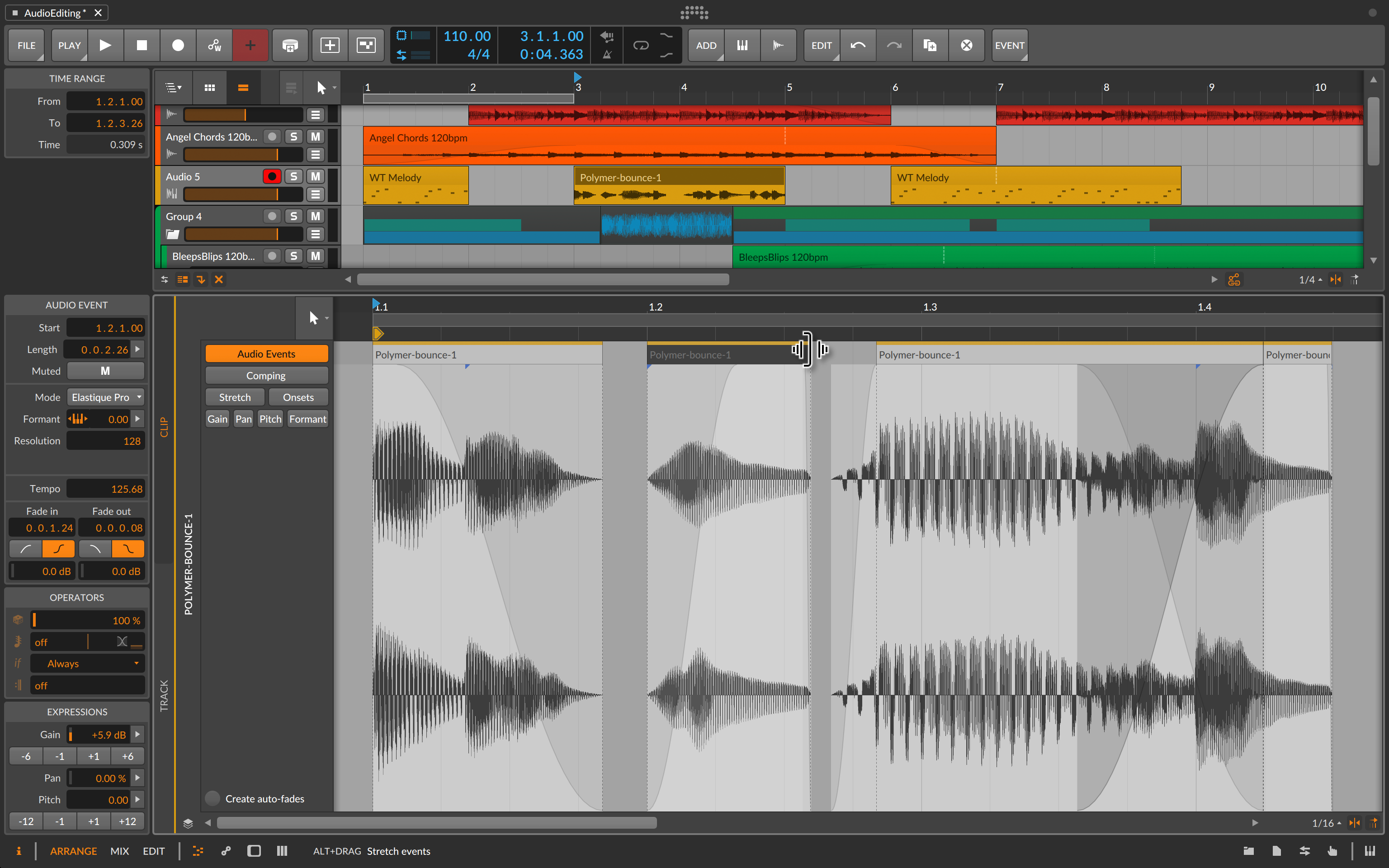Audio editing and stretching in Bitwig Studio.